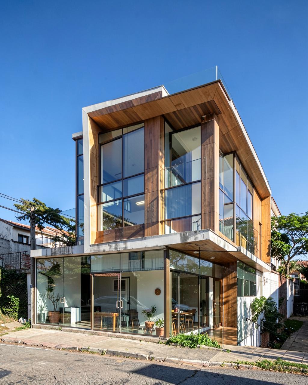 Fachada de casa moderna com estrutura de vidro e madeira em dia de sol